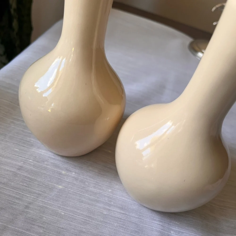 Vintage Beige Cream Ceramic Vases Set of 2 Matching Bud Vases Mod MCM Retro